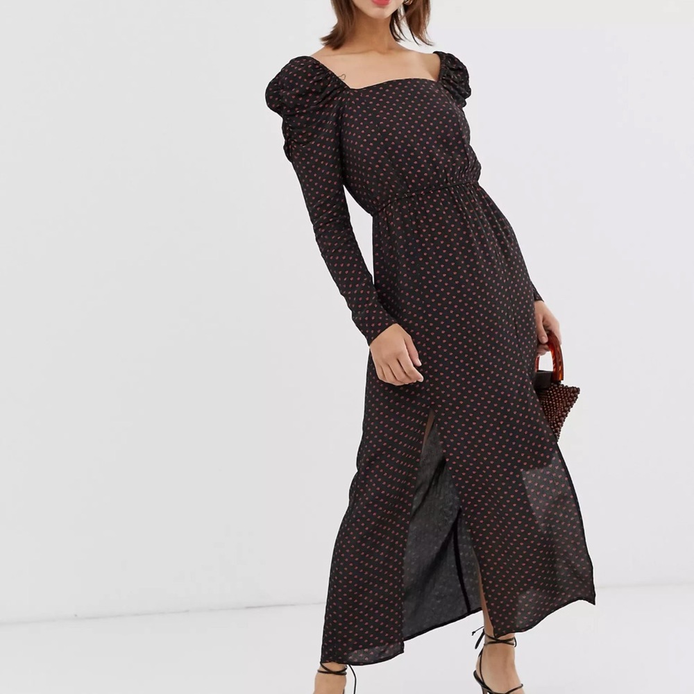 NWT River Island Maxi Dress Black Floral Print Size 6 Elastic Waist Side Slits